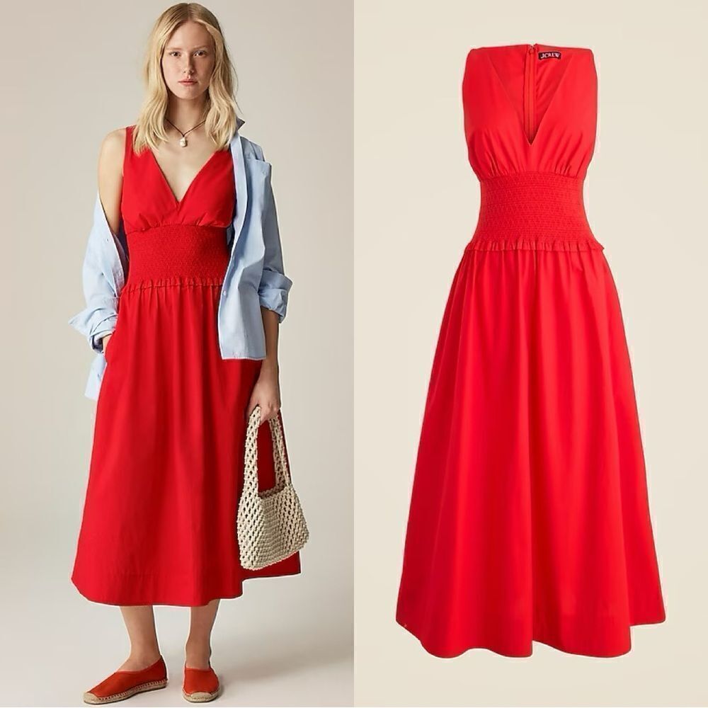 NWT J CREW Plunge smocked-waist dress in cotton poplin in “Vintage Red”
